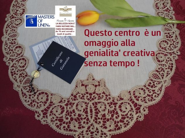 CENTRO OVALE RICAMO A MANO LINO PIZZO CANTU' AVORIO cm. 90 x 45 - Foto 7