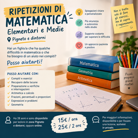 RIPETIZIONI DI MATEMATICA E AIUTO COMPITI – ELEMENTARI E MEDIE – PIGNETO