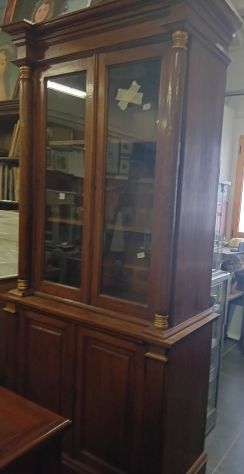 CREDENZA LIBRERIA DOPPIO CORPO DI ANTIQUARIATO FRANCESE IN STILE IMPERO DI NOCE - Foto 6