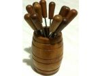 Set 12 forchettine a due denti x antipasti,olive,cipolle e contenitore in legno