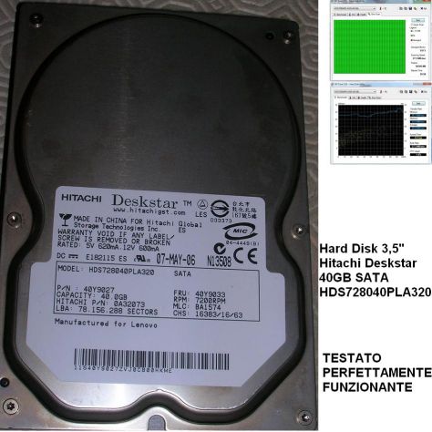 Hard Disk 3,5'' Hitachi Deskstar 40GB SATA HDS728040PLA320  TESTATO PE