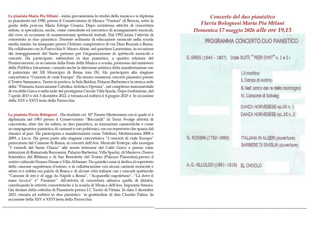 17/05 :Concerto del duo pianistico Bolognesi Milani a Trigoria domenica 17 maggio 2026 - Foto 2