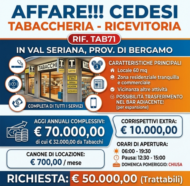 Affare!!! Tabaccheria con 70.000,00 euro di aggio -rif. TAB71