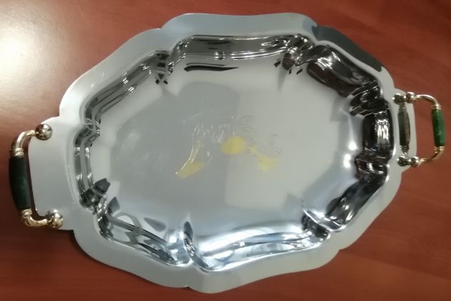 Vassoio Vintage Ovale in Acciaio Inox 18-10 Oro 24K Fiori Serigrafato - USATO - Foto 3