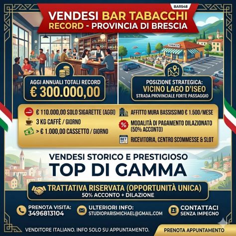 Bar tabacchi con alti incassi e aggi di Euro 300.000,00 - rif. BAR548