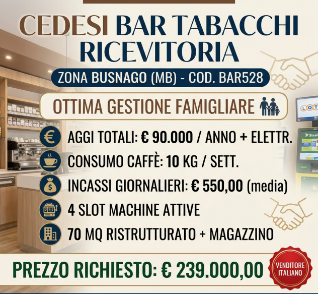 Bar Tabacchi con slot vicino a Busnago - rif. BAR528