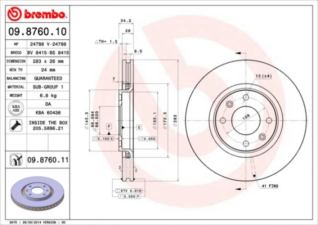 Disco Freno Brembo 09876010 Per Auto Peugeot
