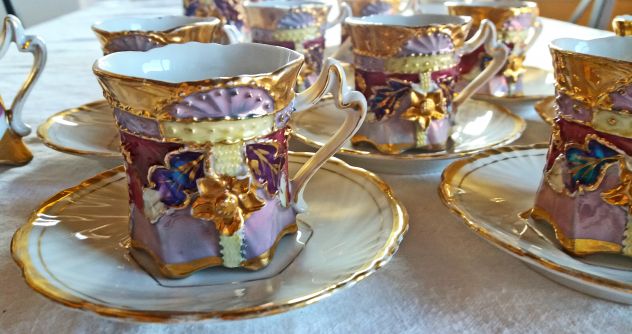 1920 ca.-Servizio Caffè per 8 in porcellana con rilievi+oro zecchino e lustri - Foto 10