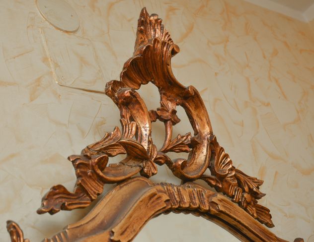 Antica Specchiera da Parete in Legno Massello Scolpito e Dorato - Stile Rococò - Foto 6