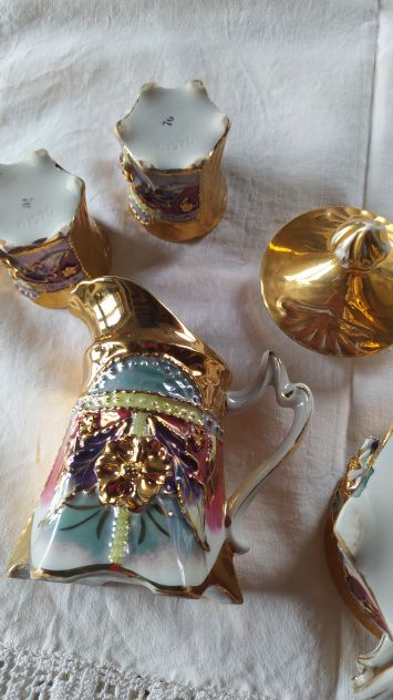 1920 ca.-Servizio Caffè per 8 in porcellana con rilievi+oro zecchino e lustri - Foto 7