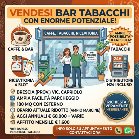 Bar tabacchi con ampi margini di crescita, vicino Capriolo - rif. BAR545