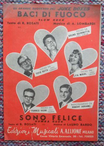 SPARTITO BACI DI FUOCO - SONO FELICE - SUCCESSI DEI JUKE BOXES - VIOLINO TROMBA