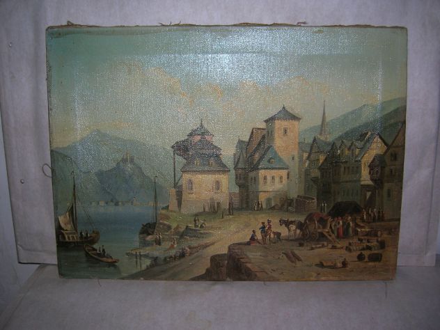 Antico quadro Veduta di St Goar sul Reno leggenda Ondina Lorelei