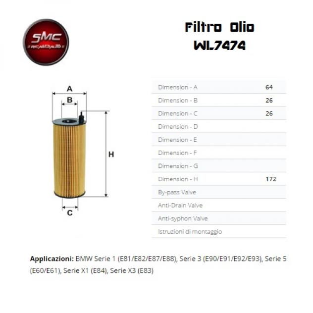 Filtro Olio Wix Wl7474 Per Auto Bmw
