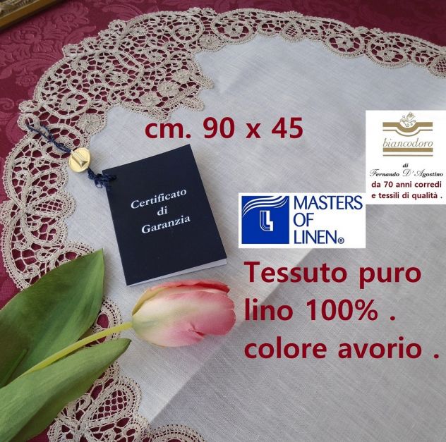 CENTRO OVALE RICAMO A MANO LINO PIZZO CANTU' AVORIO cm. 90 x 45 - Foto 3