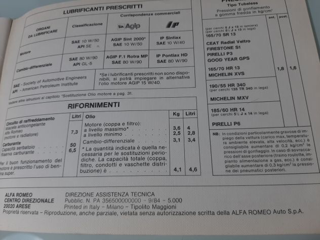 ALFA ROMEO ALFASUD SPRINT 1300/1500/1500 QV  USO E MANUTENZIONE 1984 ORIGINALE - Foto 3
