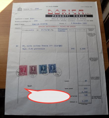 FATTURA DELLA DORICA DEL 1955 - CON MARCHE DA BOLLO -