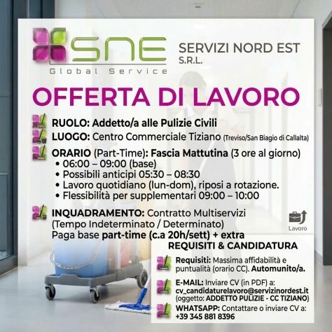 CERCASI ADDETTO/A ALLE PULIZIE – CENTRO COMMERCIALE TIZIANO (OLMI DI TREVISO / S