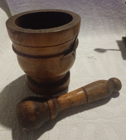 Mortaio antico in legno con pestello - Foto 3