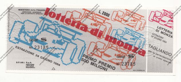 BIGLIETTO LOTTERIA DI MONZA DEL 1984 CON TAGLIANDO - IN FDS -