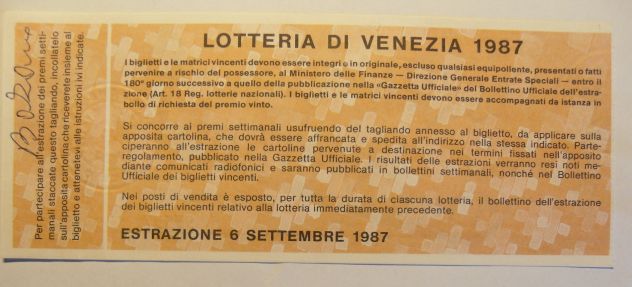 BIGLIETTO DELLA LOTTERIA DI VENEZIA 1987 con tagliando in fds - - Foto 2