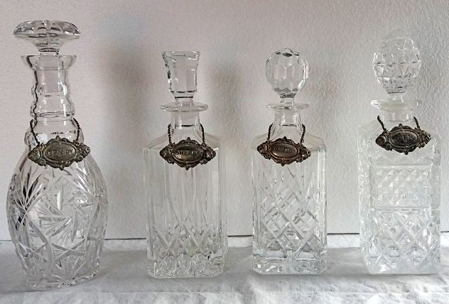 4 Bottiglie cristallo x Liquore-1950 ca-placche in argento Sheffild