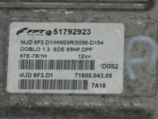51792923 ECU CENTRALINA FIAT DOBLO 1.3 85 HP 51792923 MJD 6F3.D1 HW03R - Foto 2