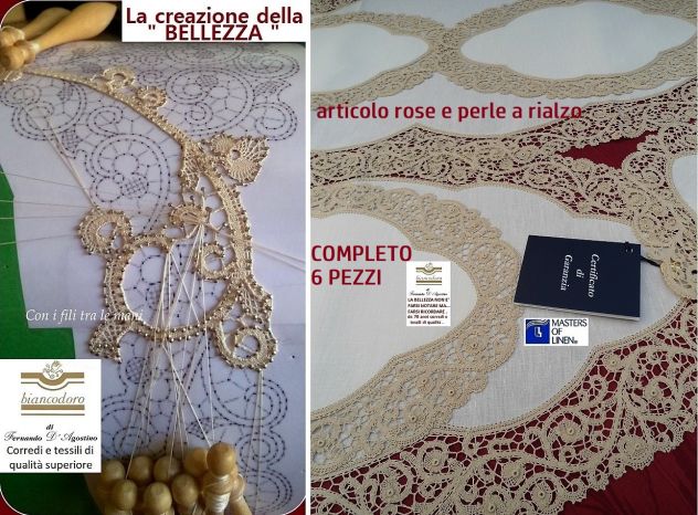 CENTRI LINO PIZZO TOMBOLO E CANTU' RICAMO A MANO COMPLETO 6 PEZZI - Foto 6