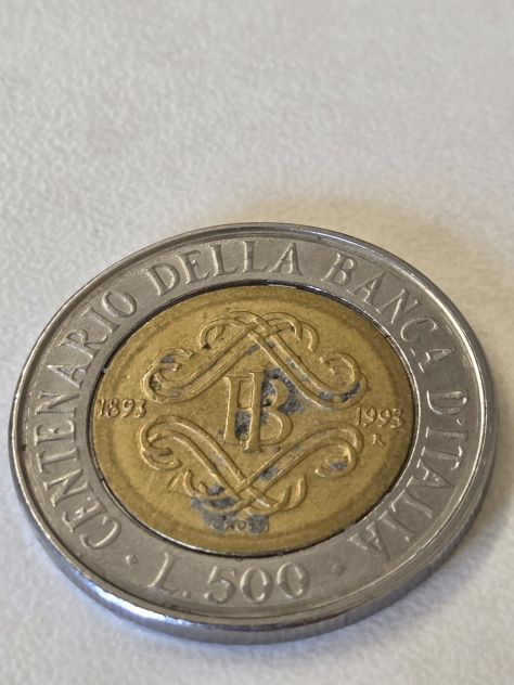 Numismatica moneta bimetallica da 500 lire rep. it. del 1993 100° Banca d'It.