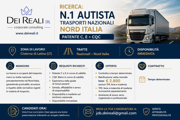 Autista per Trasporti Nazionali (Nord Italia) – Cisterna di Latina