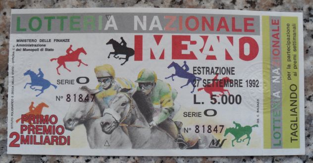 BIGLIETTO LOTTERIA DI MERANO 1992 con tagliando FDC senza scritte tagli pieghe -