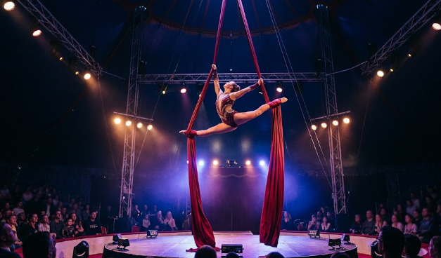 danza acrobatica sospesa Spettacolo di arte del circo su tessuti aerei