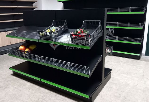 GONDOLA FRUTTA IN FERRO NERO DA 203 CON PIANO BASE 50 E PIANI DA 50