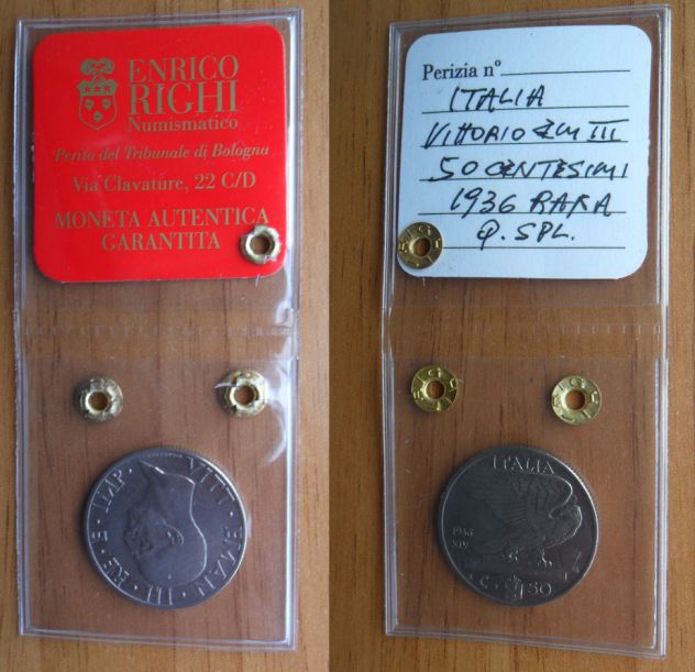 MONETA DA 50 CENTESIMI REGNO VITT. EMANUELE III° DEL 1936 PERIZIATA QSPL -