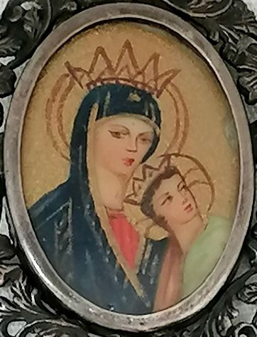 ANTICA SPILLA IN ARGENTO CON MINIATURA SFONDO ORO MADONNA CON BAMBINO, 1800. - Foto 3