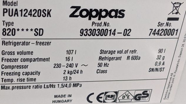 Frigorifero Zoppas PUA12420SK incasso/sottotavolo 90L + freezer 16L buone cond - Foto 9