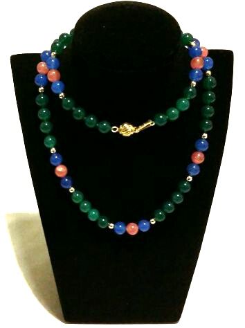 Collana di perle in agata verde, agata blu, rodocrosite chiusura argento dorato
