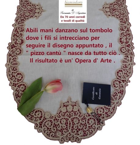 CENTRO OVALE RICAMO A MANO LINO PIZZO CANTU' AVORIO cm. 90 x 45 - Foto 2