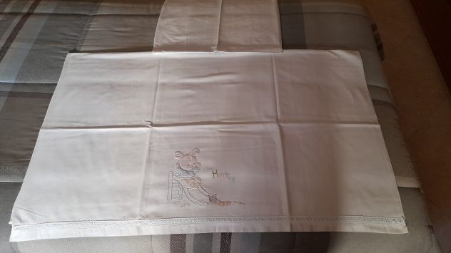 LENZUOLINO &amp; FEDERA 100% COTONE X CARROZZINA NEONATO,TEMA: ORSETTO SULLO SCIVOLO