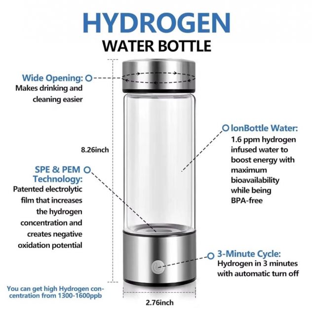Generatore acqua idrogeno 420ml SPE PEM 1500ppb borraccia acciaio vetro USB - Foto 2