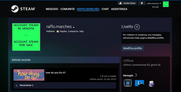 Account Steam in vendita, per motivo di inutilizzo e disinteresse