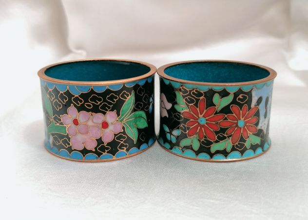 SET 6 ANTICHI PORTA-TOVAGLIOLO IN METALLO E SMALTI CLOISONNÉ, CINA, 1900. - Foto 6