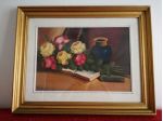 Quadro "natura morta fiori, vaso e libri"