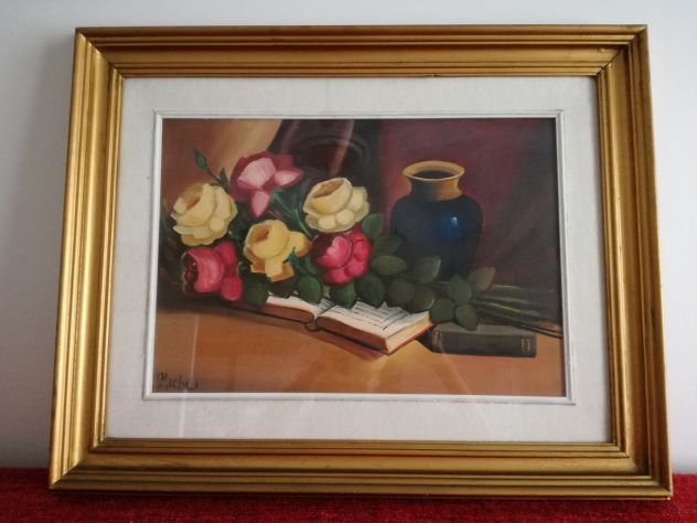 Quadro "natura morta fiori, vaso e libri"