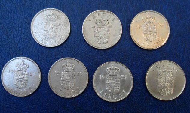 Lotto 311- danimarca 1 krone 7 monete vedi descrizione e foto