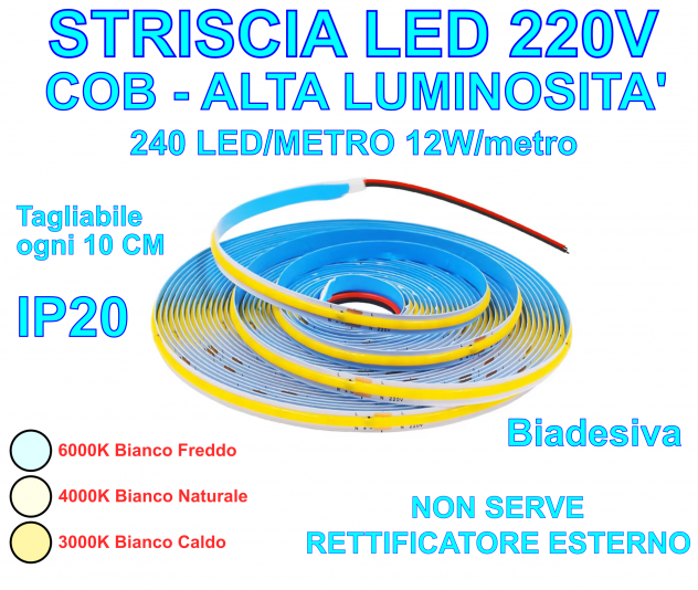 Striscia LED 220V COB 12W/m 5m 10m 15m 20m Luce Bianca SUPER LUMINOSA Adesiva
