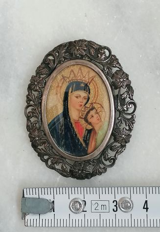 ANTICA SPILLA IN ARGENTO CON MINIATURA SFONDO ORO MADONNA CON BAMBINO, 1800. - Foto 10