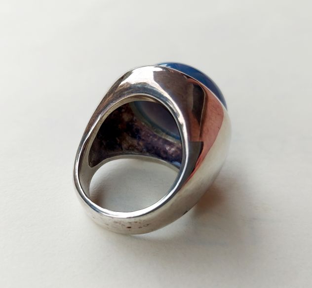Anello fascione in argento 925 con cabochon tondo in agata azzurra - Foto 3