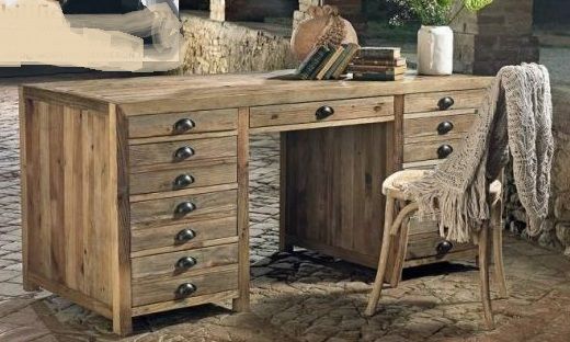 scrivania in legno massello di pino vecchio con 9 cassetti, ideale per soggiorn