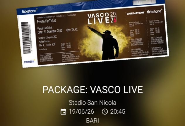 2 biglietti per il concerto di Vasco Rossi a Bari (19/06/2026) Prato Gold